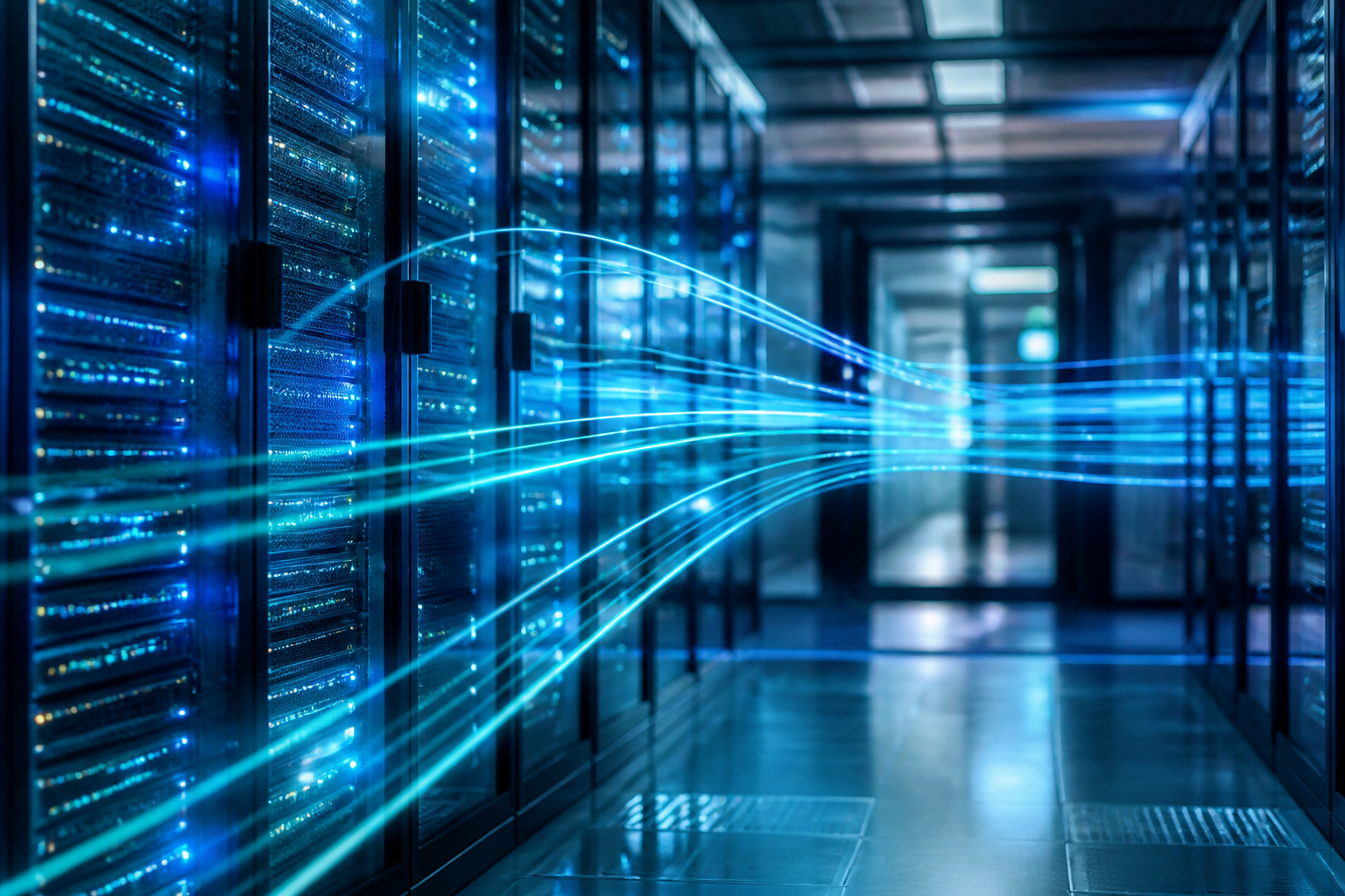 Data center aisle with blue network light trails