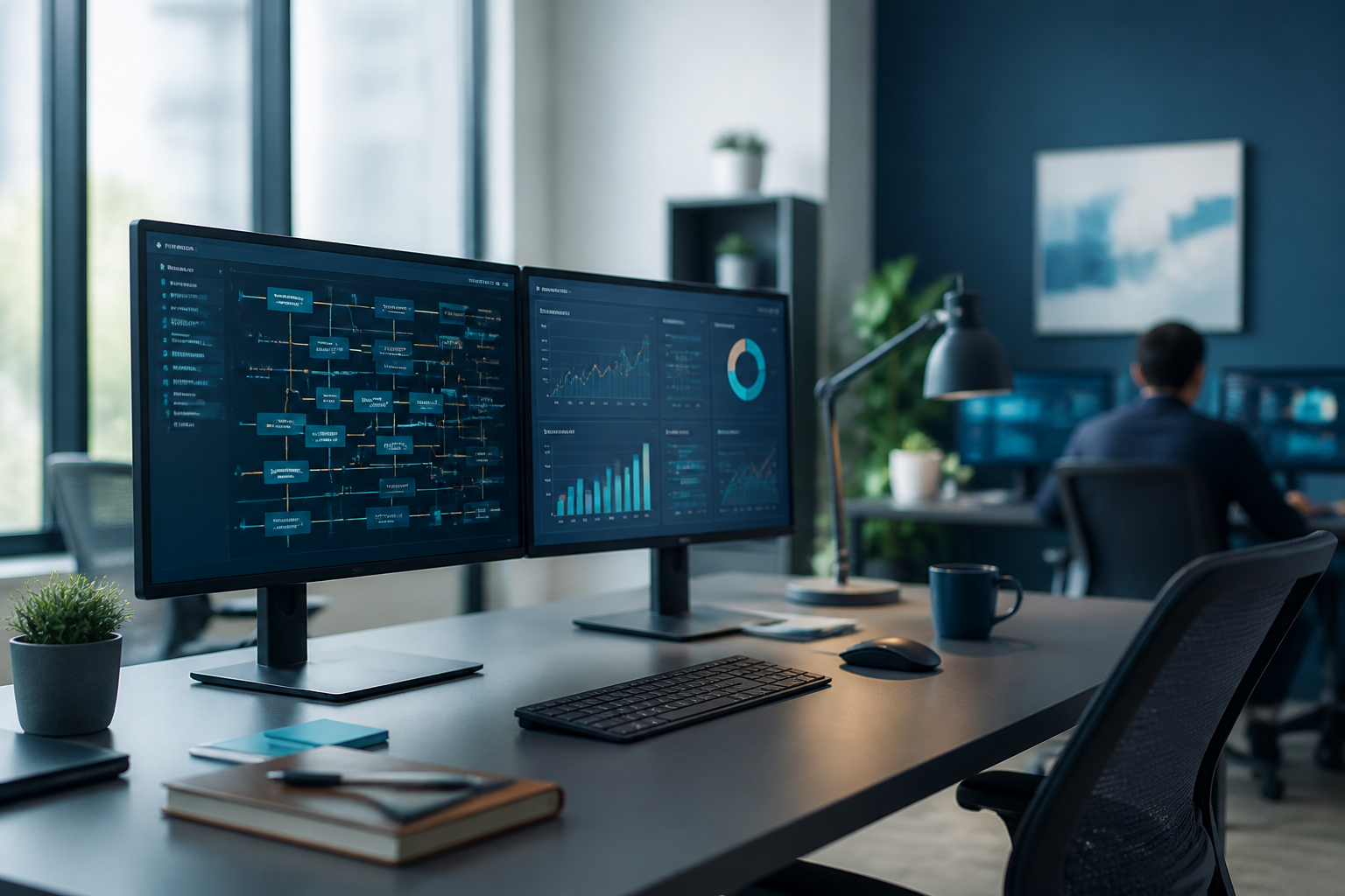 Modern IT consulting workstation with network and analytics dashboards