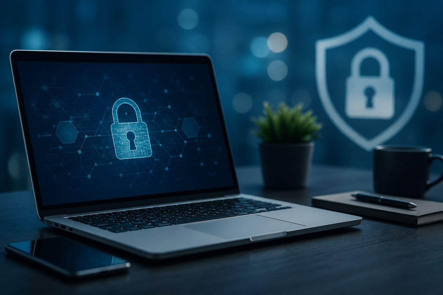 Laptop with cybersecurity shield and lock imagery