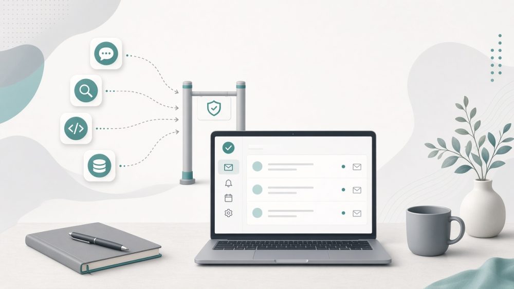 Calm desk and queued AI agent signals routed through one gate—header for how I stop AI agents from interrupting me