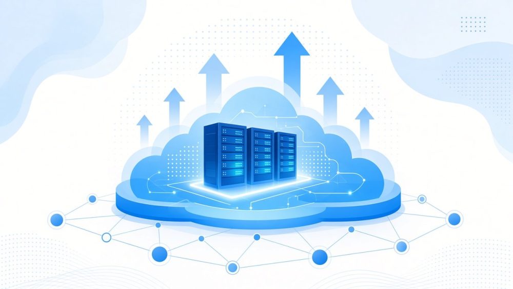 Illustration of a cloud platform with servers and rising arrows for new Windows Azure features