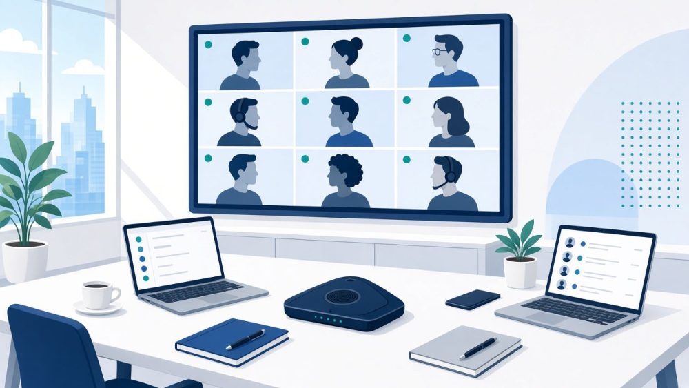 Illustration of a conference room with a video meeting on a large screen