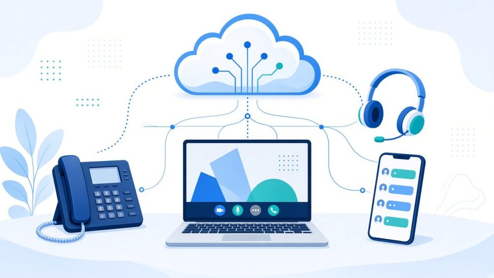 Illustration of a desk phone, laptop, headset and smartphone connected to a cloud communications service