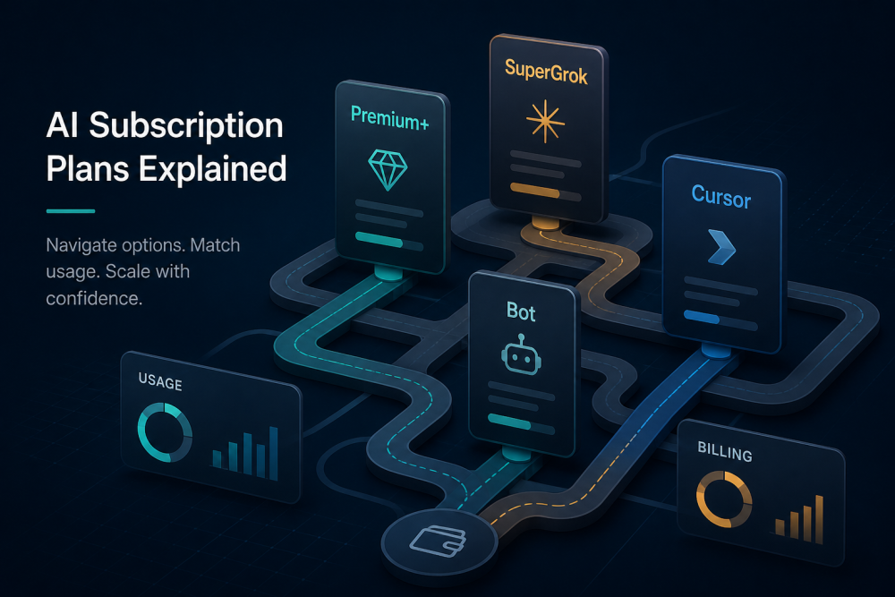 AI subscription plans maze with paths from a wallet to Premium+, SuperGrok, Cursor, and Bot usage cards.