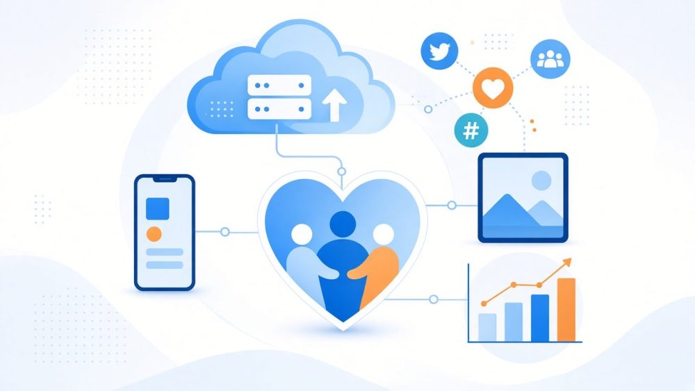 Illustration of a nonprofit community connected to cloud, mobile, social media and data tools