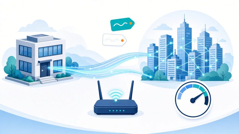Illustration of a small office connected by fiber lines to a city network, with a router and speed gauge