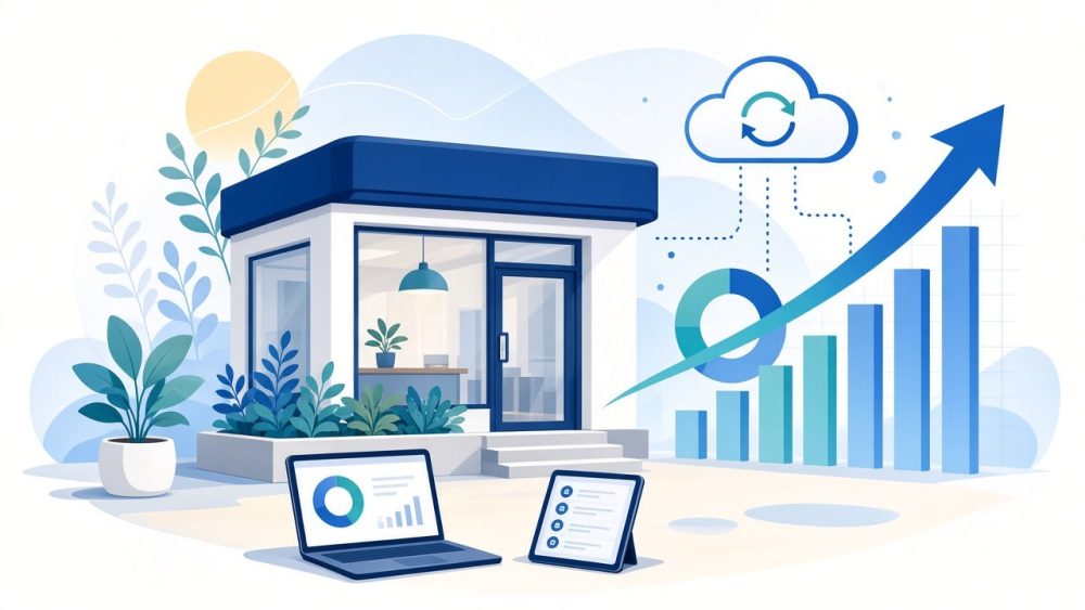 Illustration of a small business storefront with laptop, tablet, cloud sync and a growth chart