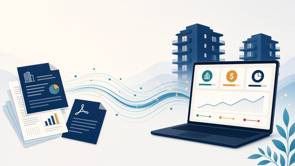 Illustration of property reports flowing into an owner dashboard on a laptop, with two apartment buildings behind